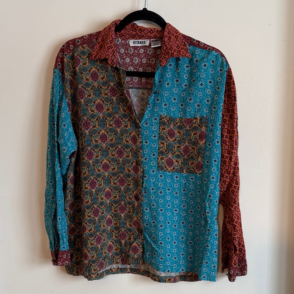 Vintage Gitano Patchwork Patterned Button Down Sh… - image 1
